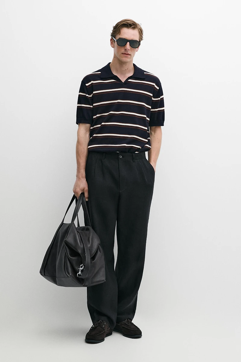Striped V-neck knit polo shirt