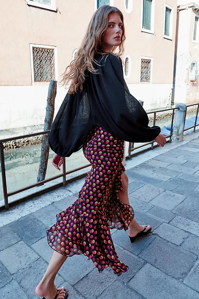 ASYMMETRIC POLKA DOT MIDI SKIRT