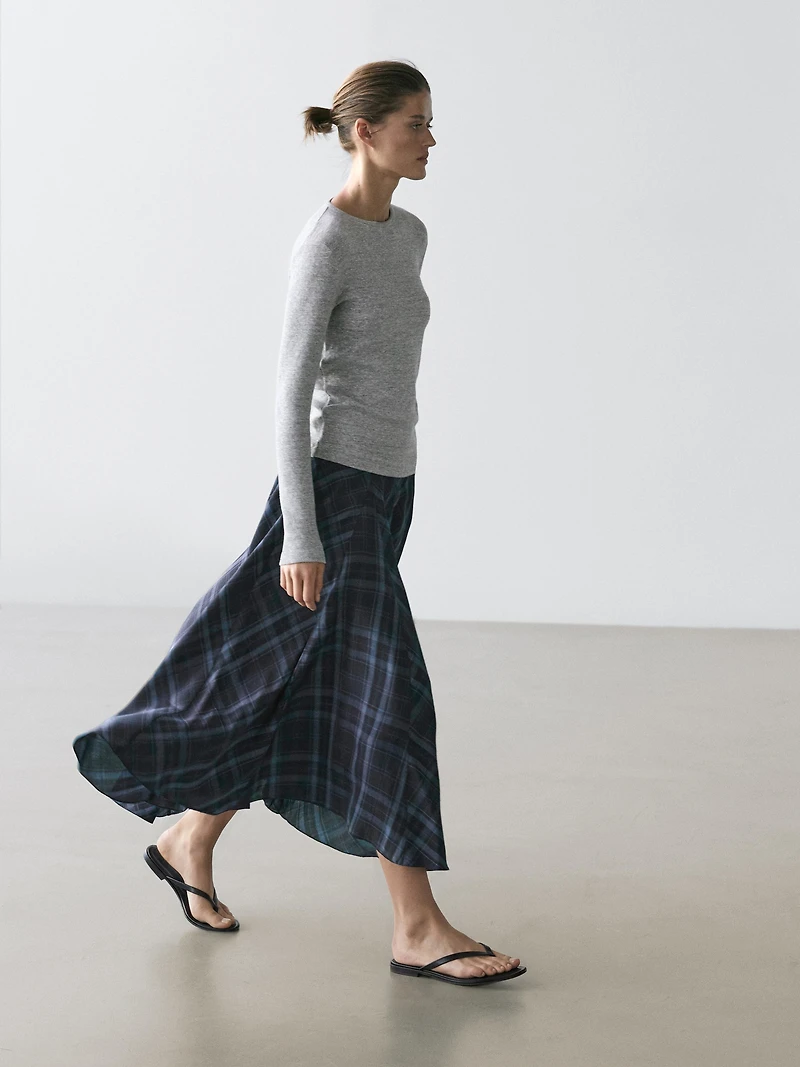 Check print flowing godet skirt