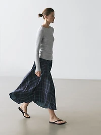 Check print flowing godet skirt