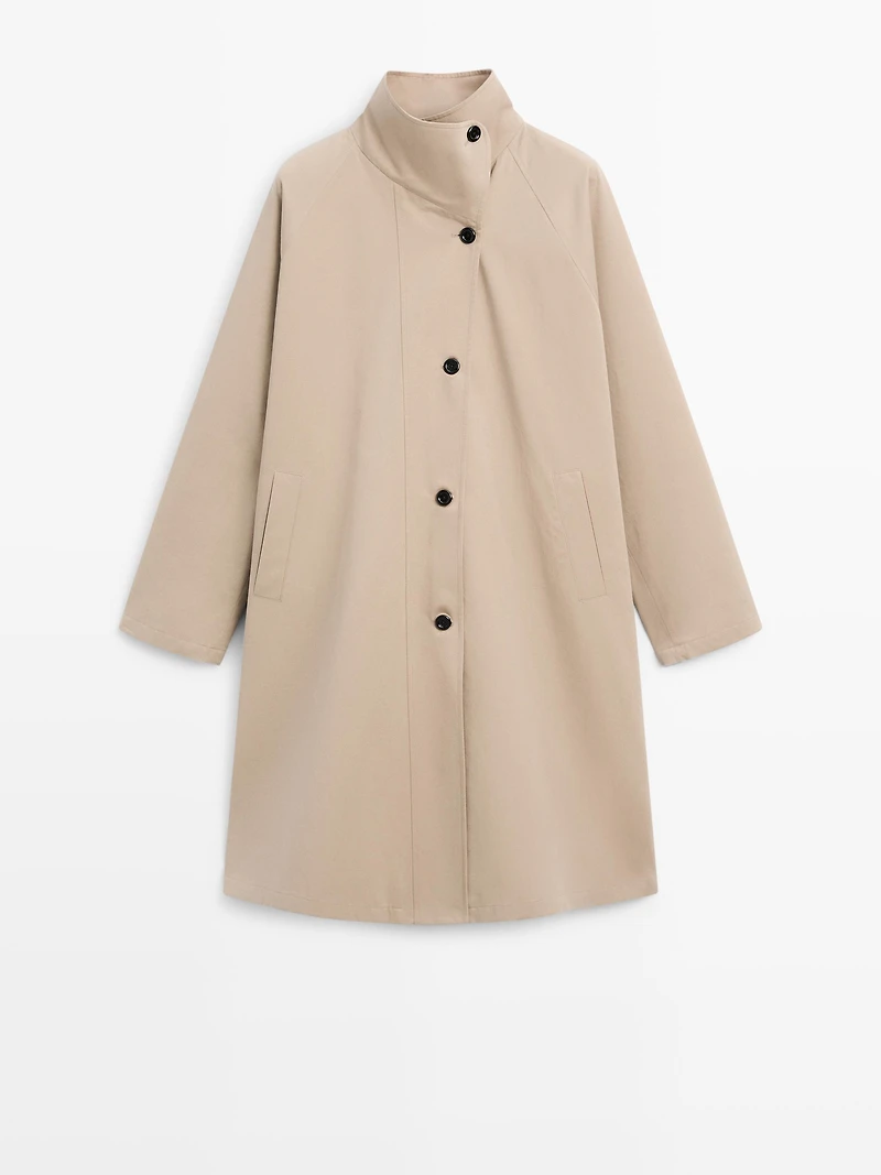 Long 100% cotton trench coat with side fastening