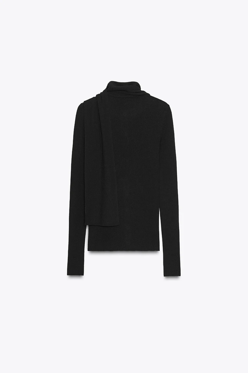RIBBED KNIT CARDIGAN WITH SCARF