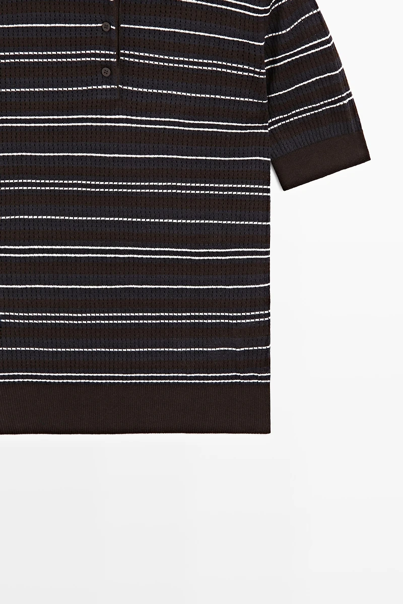 Cotton blend striped open-knit polo shirt