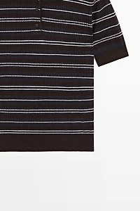Cotton blend striped open-knit polo shirt