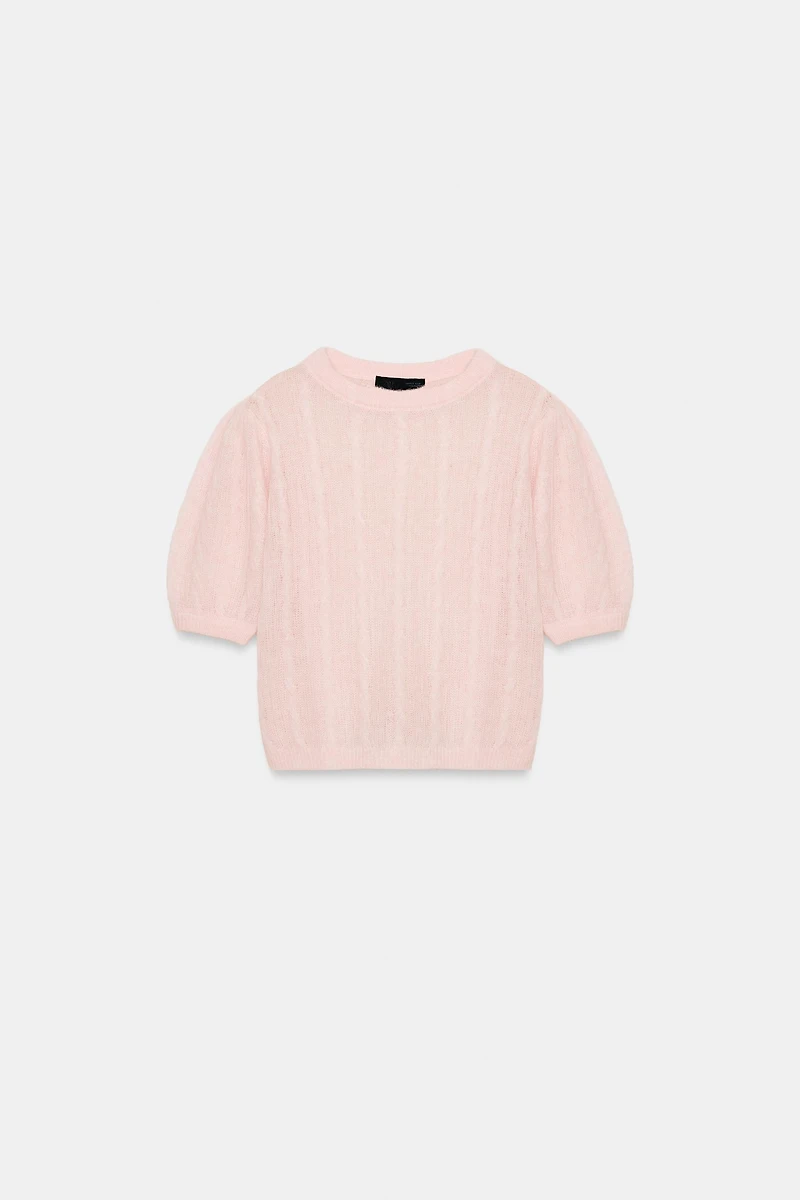 WOOL BLEND CABLE-KNIT SHORT SLEEVE SWEATER
