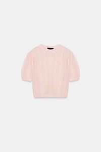 WOOL BLEND CABLE-KNIT SHORT SLEEVE SWEATER