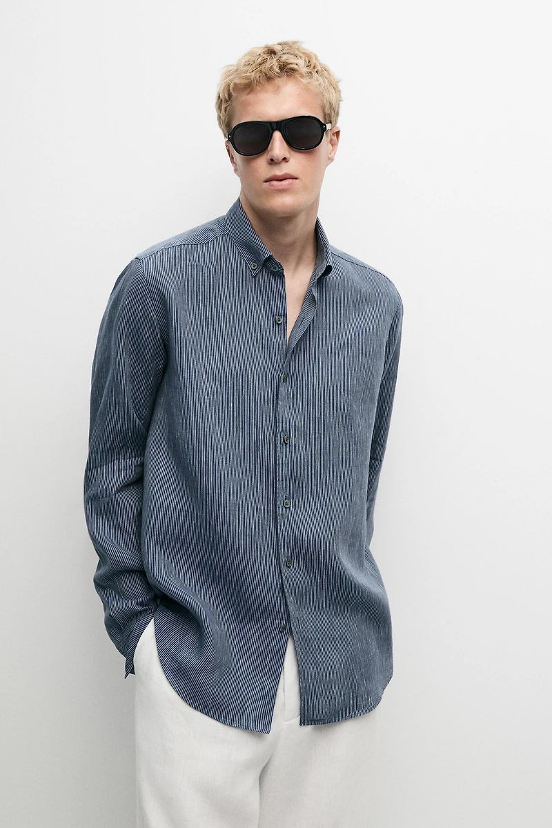 100% linen pinstriped regular fit shirt