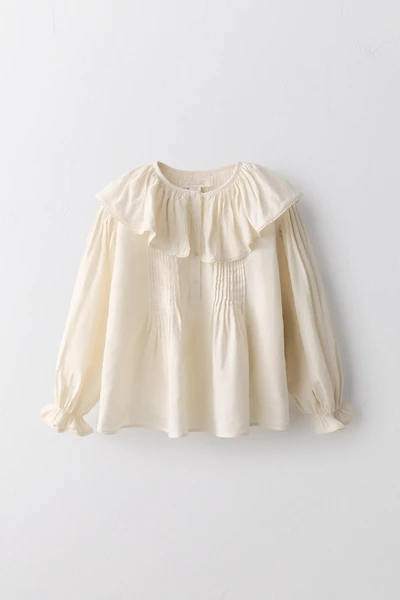 6-10 YEARS/ PLEATED LACE TRIM COTTON LINEN BLOUSE LIMITED EDITION