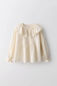 6-10 YEARS/ PLEATED LACE TRIM COTTON LINEN BLOUSE LIMITED EDITION