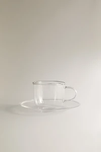BOROSILICATE GLASS TEA CUP AND SAUCER WITH SILVER RIM