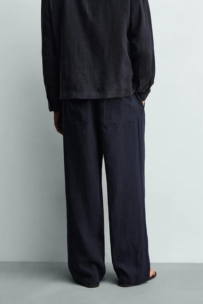 RELAXED FIT 100% LINEN BELTED PANTS