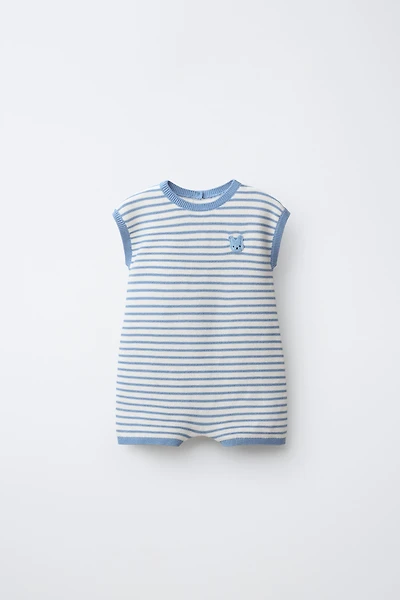 STRIPED KNIT SHORT JUMPSUIT WITH BUNNY PATCH