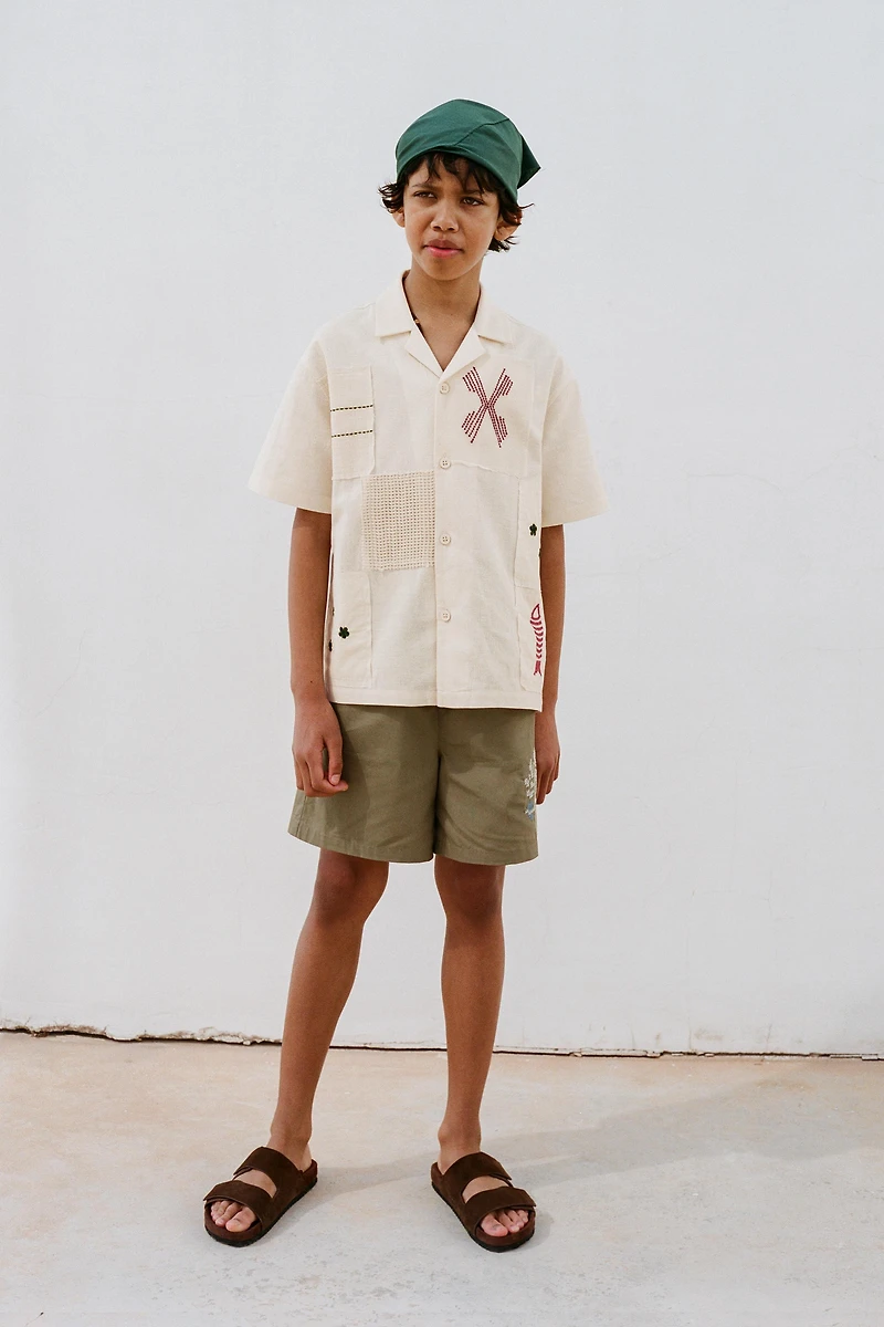 EMBROIDERED PATCHWORK LINEN COTTON SHIRT