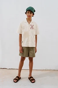EMBROIDERED PATCHWORK LINEN COTTON SHIRT