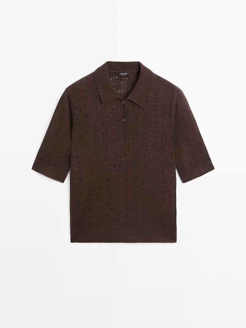 Short sleeve wool blend knit polo shirt