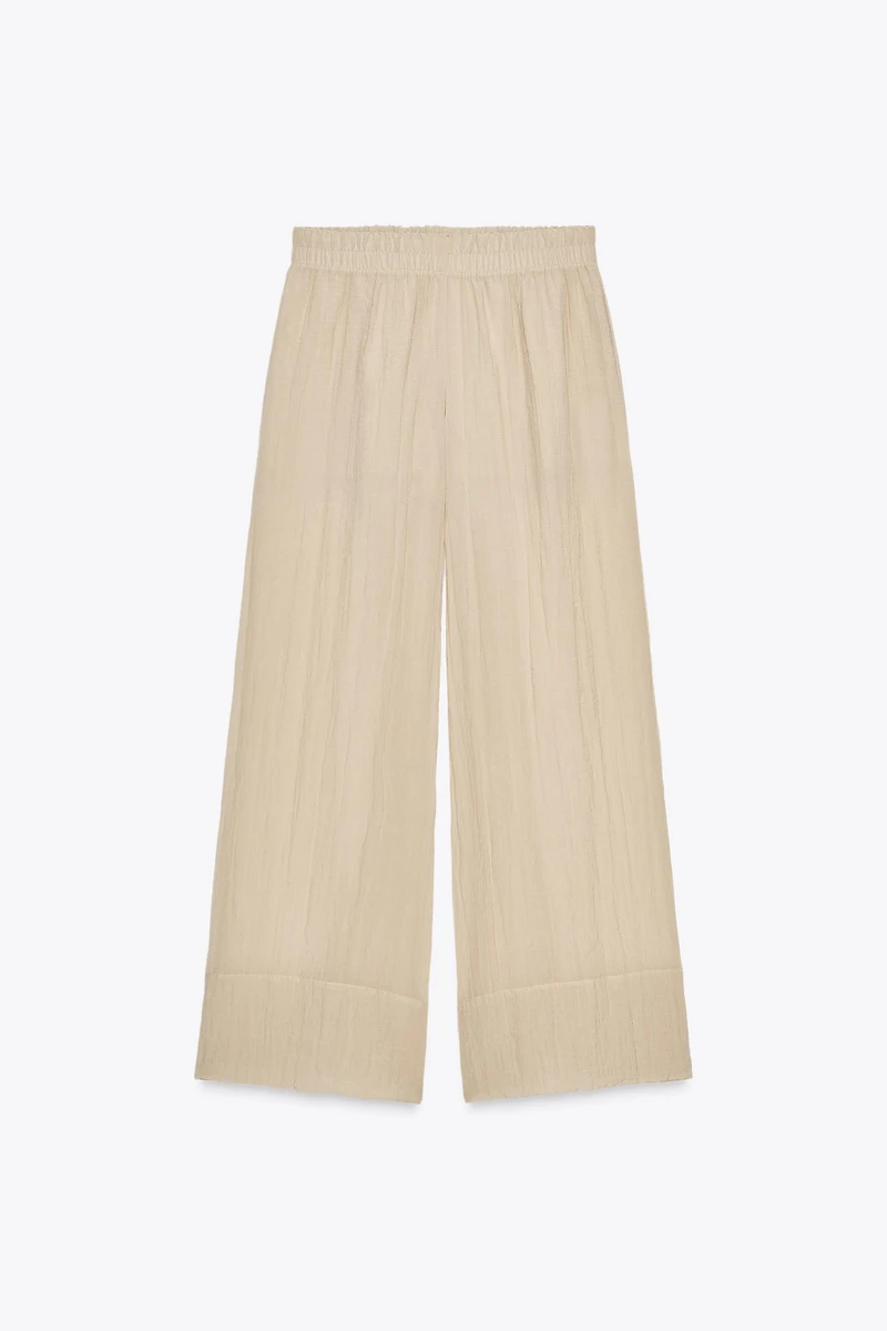 WRINKLED EFFECT SEMI-SHEER WIDE LEG PANTS