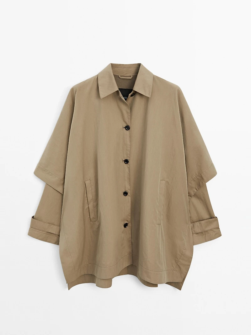 Cape trench coat with long sleeves