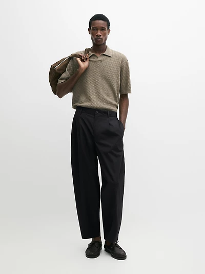 Cable-knit V-neck polo shirt