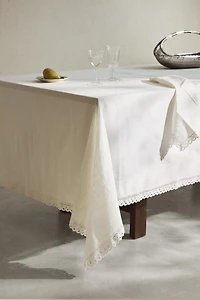 EMBROIDERED COTTON TABLECLOTH WITH LACE TRIM