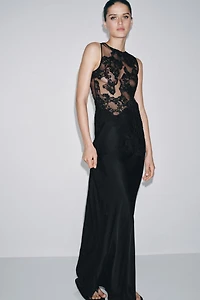 LONG COMBINATION MESH LACE DRESS