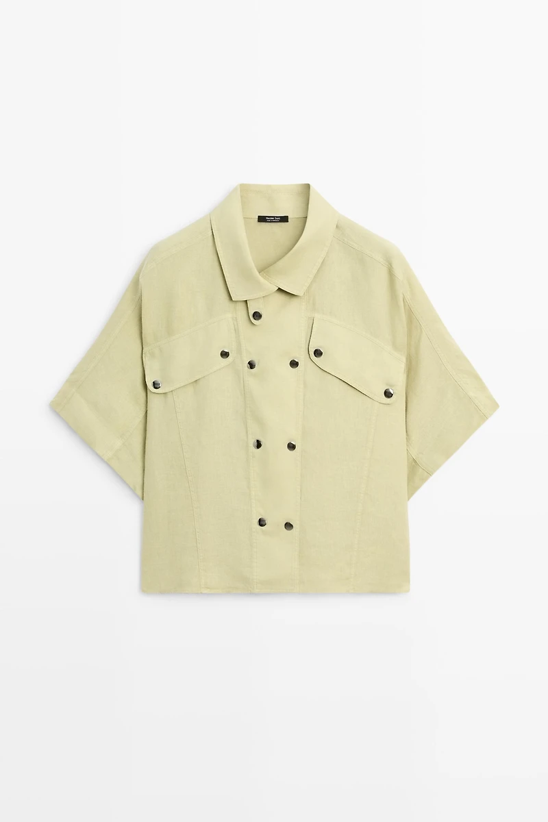 Short sleeve linen snap button shirt