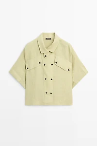Short sleeve linen snap button shirt