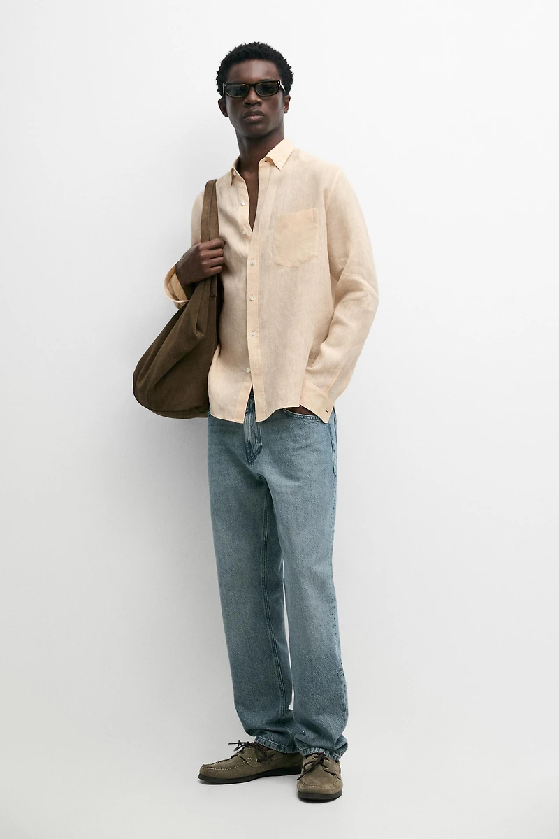 Regular fit 100% linen patch pocket shirt
