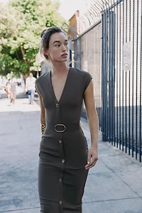 BELTED STRETCH MIDI DRESS