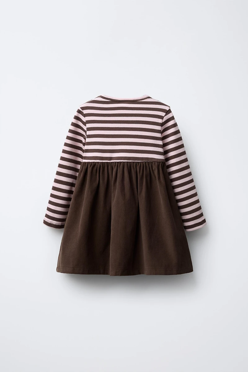 ROBE RAYURES ET VELOURS CÔTELÉ FIN BRODÉ