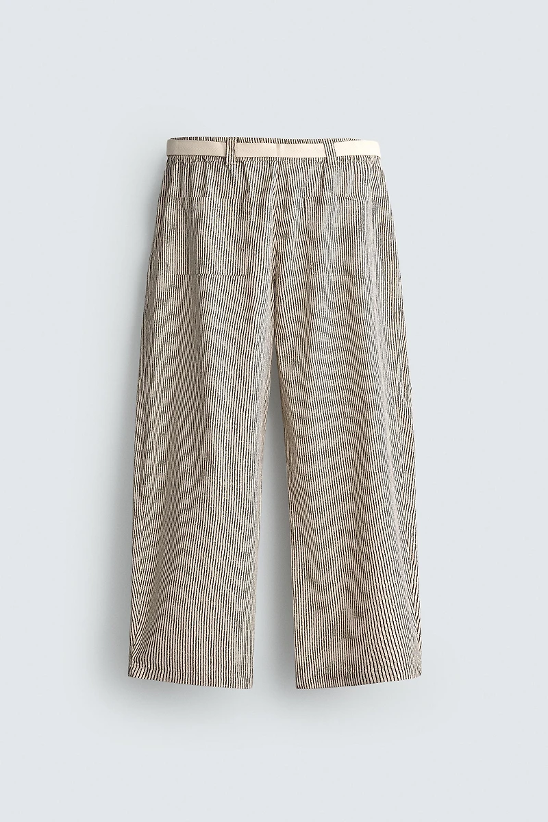 STRIPED WIDE FIT BELTED PANTS