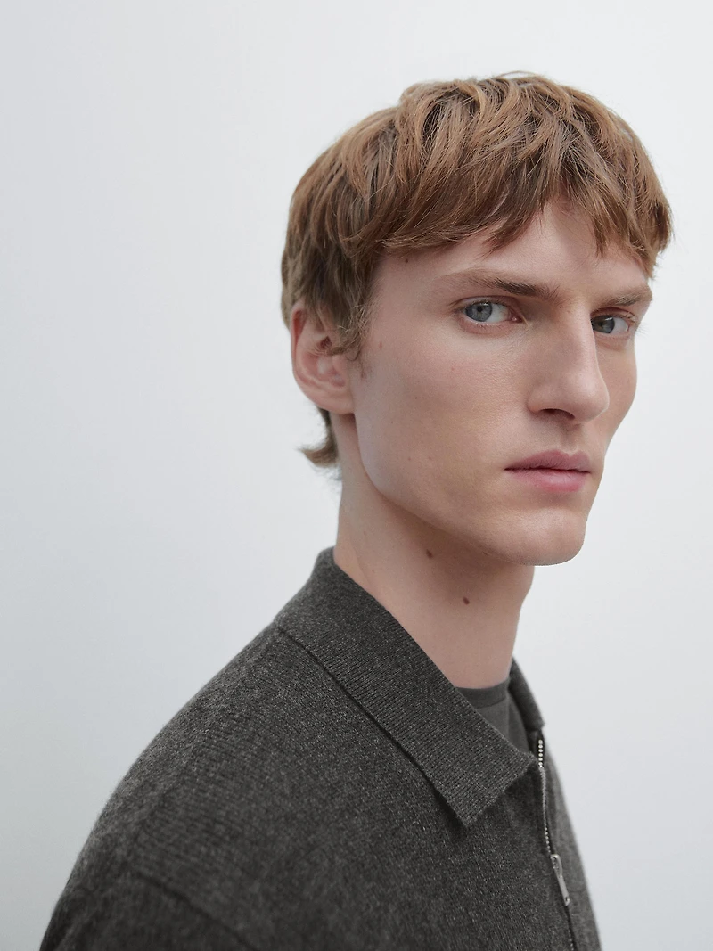 Knit wool blend polo sweater with zip