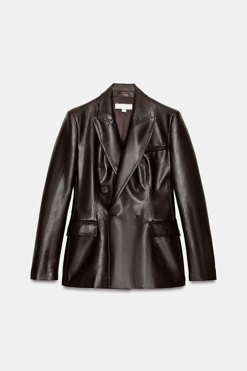 FAUX LEATHER DOUBLE-BREASTED BLAZER