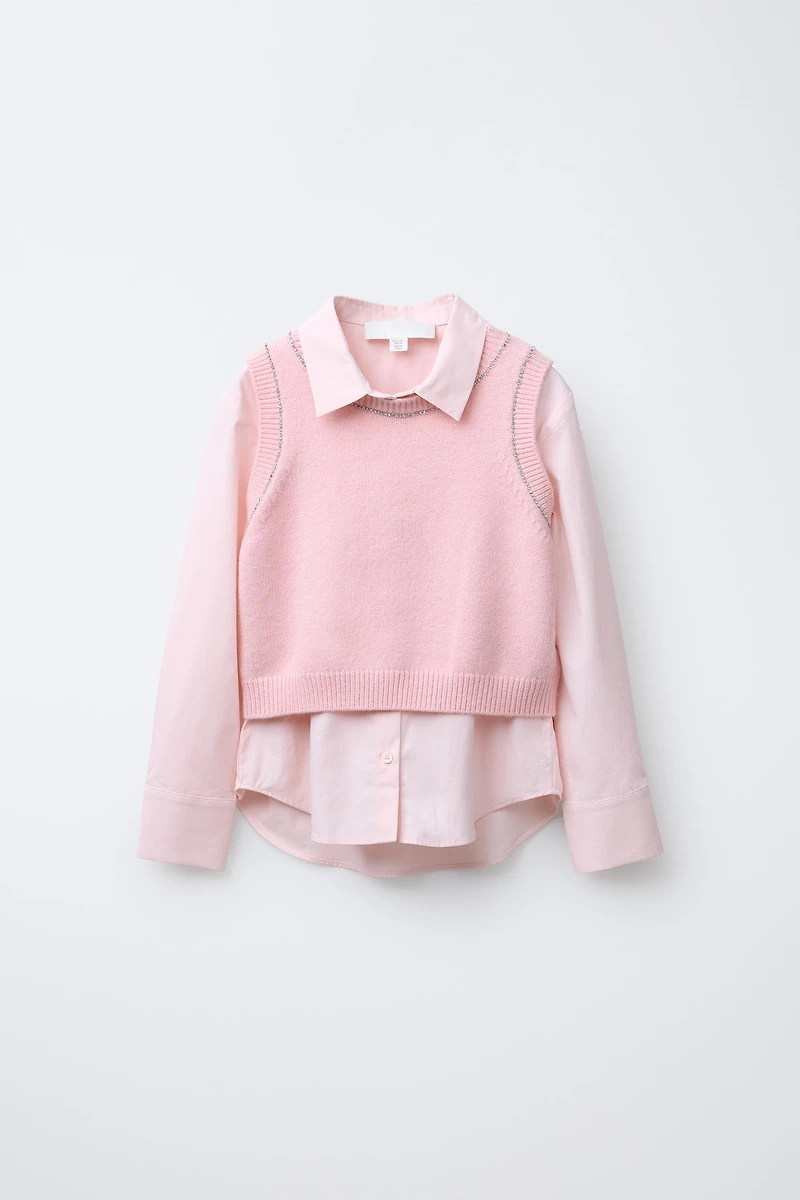 RHINESTONE VEST POPLIN SHIRT
