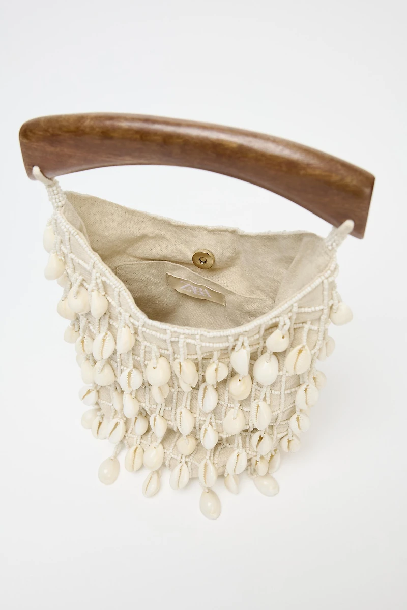 BEADED FABRIC BUCKET BAG