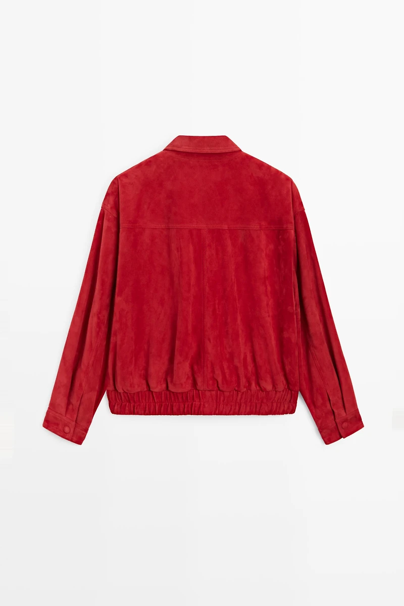Suede leather bomber jacket with pocket details