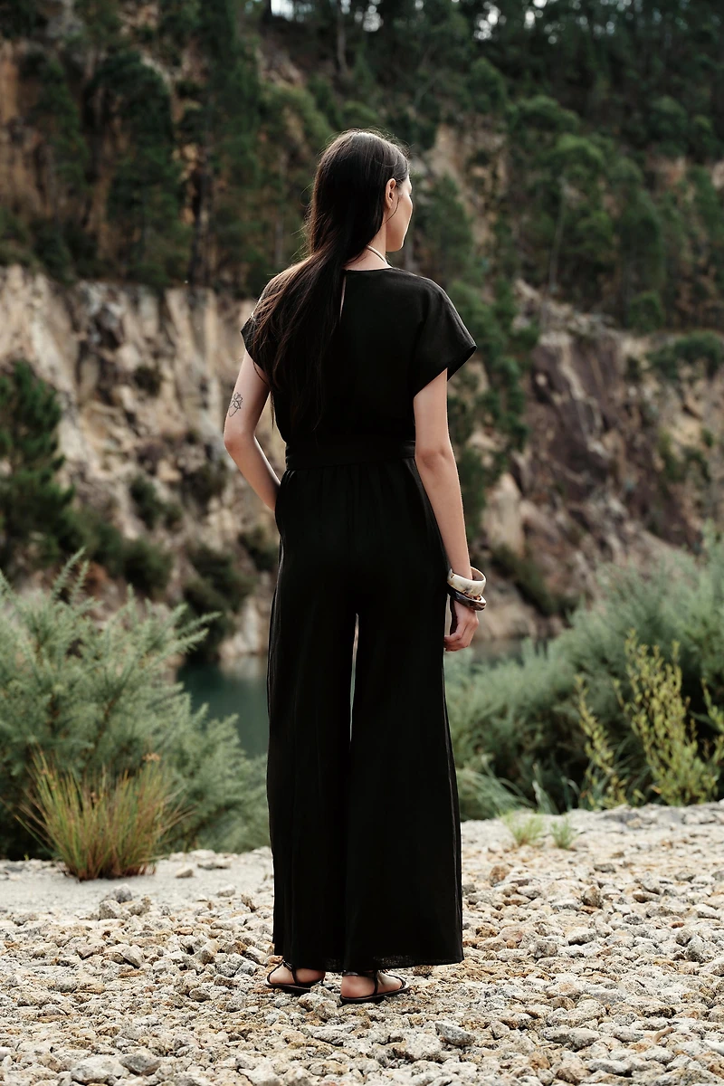 LINEN BELTED LONG JUMPSUIT
