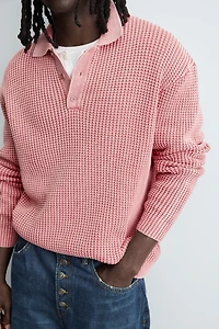 WASHED WAFFLE TEXTURE KNIT POLO SHIRT