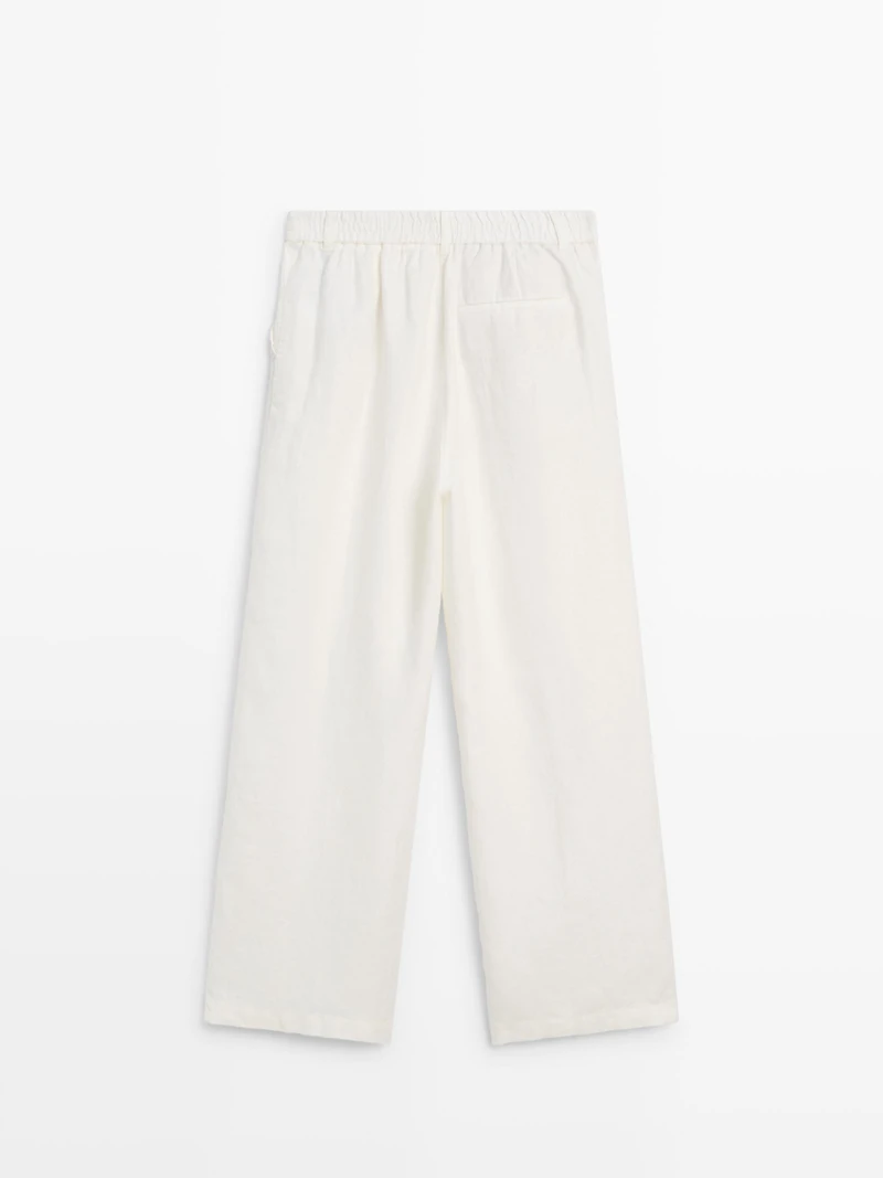 100% linen wide-leg elasticated trousers
