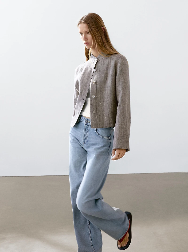 Short linen jacket with stand collar