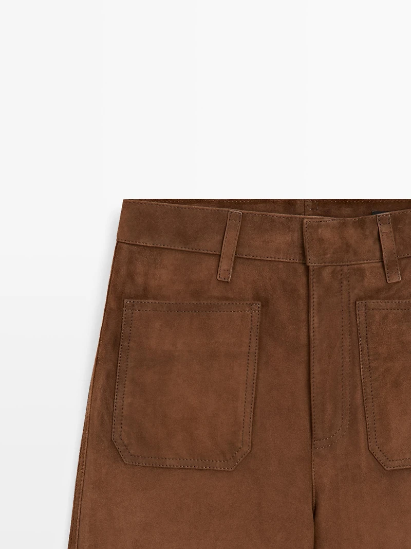 Suede leather wide-leg trousers with pockets