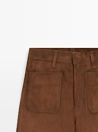 Suede leather wide-leg trousers with pockets