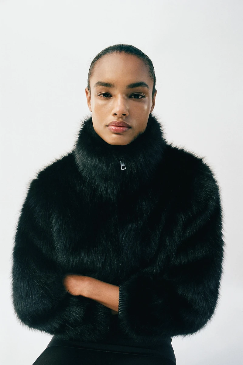 FAUX FUR HIGH COLLAR BOMBER JACKET
