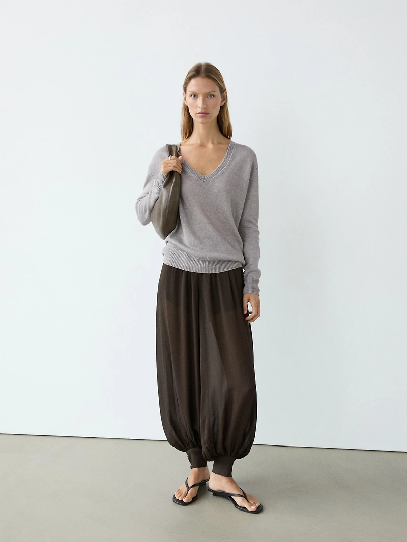 Semi-sheer sarouel trousers with button details
