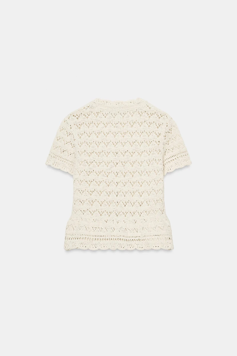 SHORT SLEEVE POINTELLE CARDIGAN