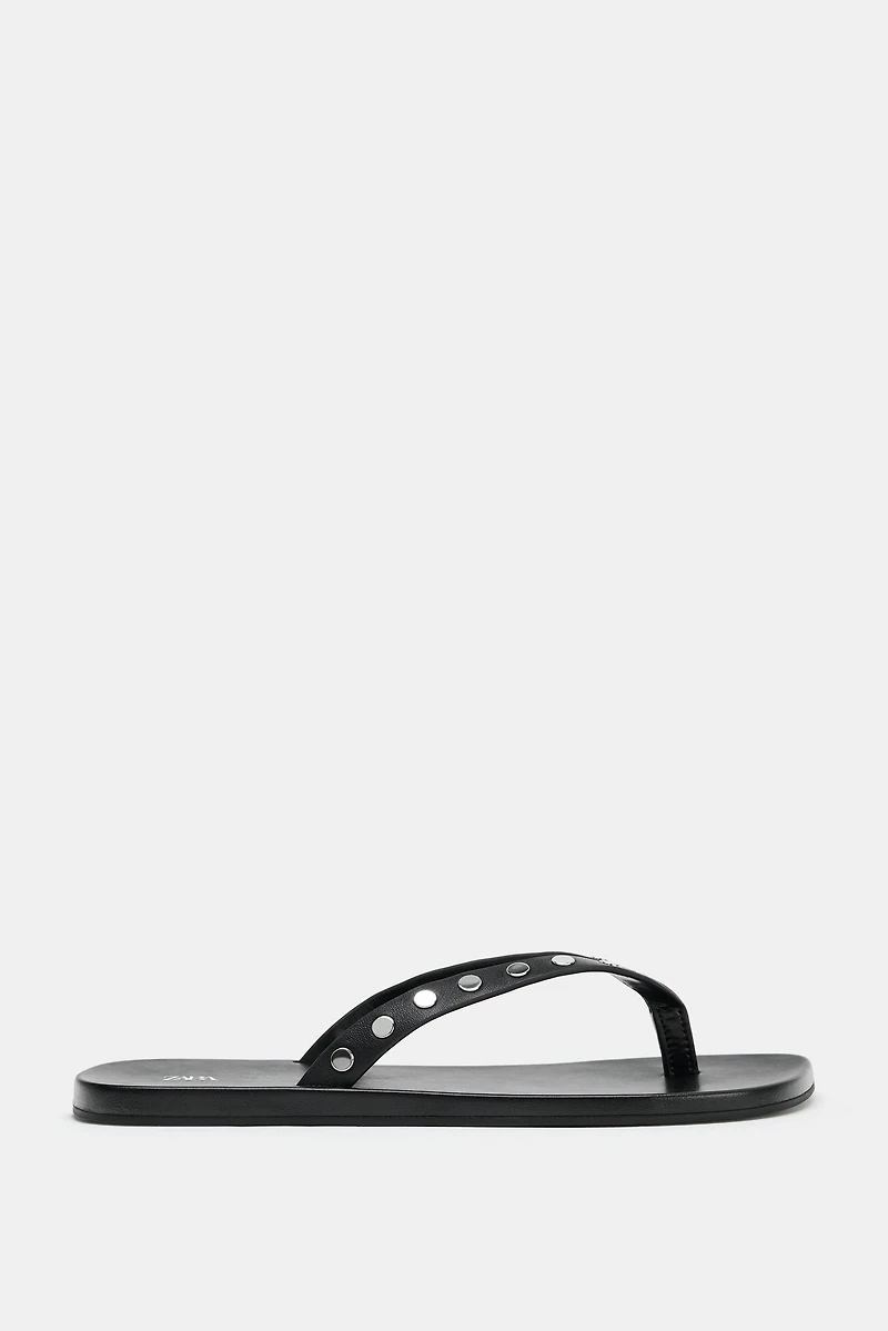 STUDDED LEATHER SLIDE SANDALS