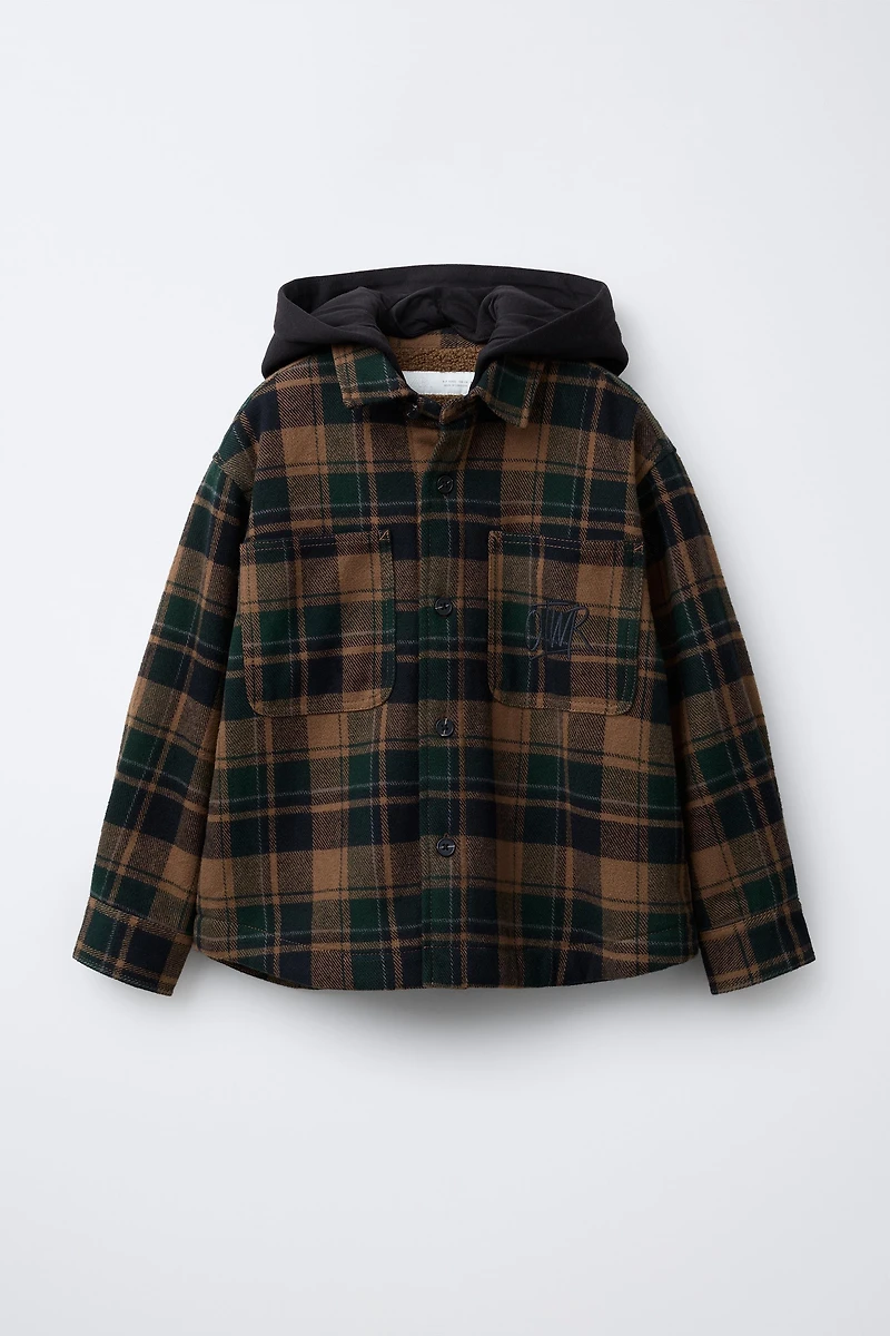 PLAID OVERSHIRT WITH REMOVABLE HOODIE AND FAUX SHEARLING