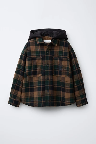 PLAID OVERSHIRT WITH REMOVABLE HOODIE AND FAUX SHEARLING