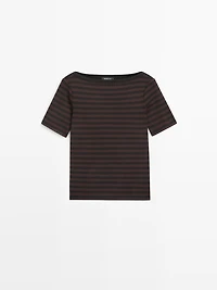 Striped short sleeve boat neck T-shirt