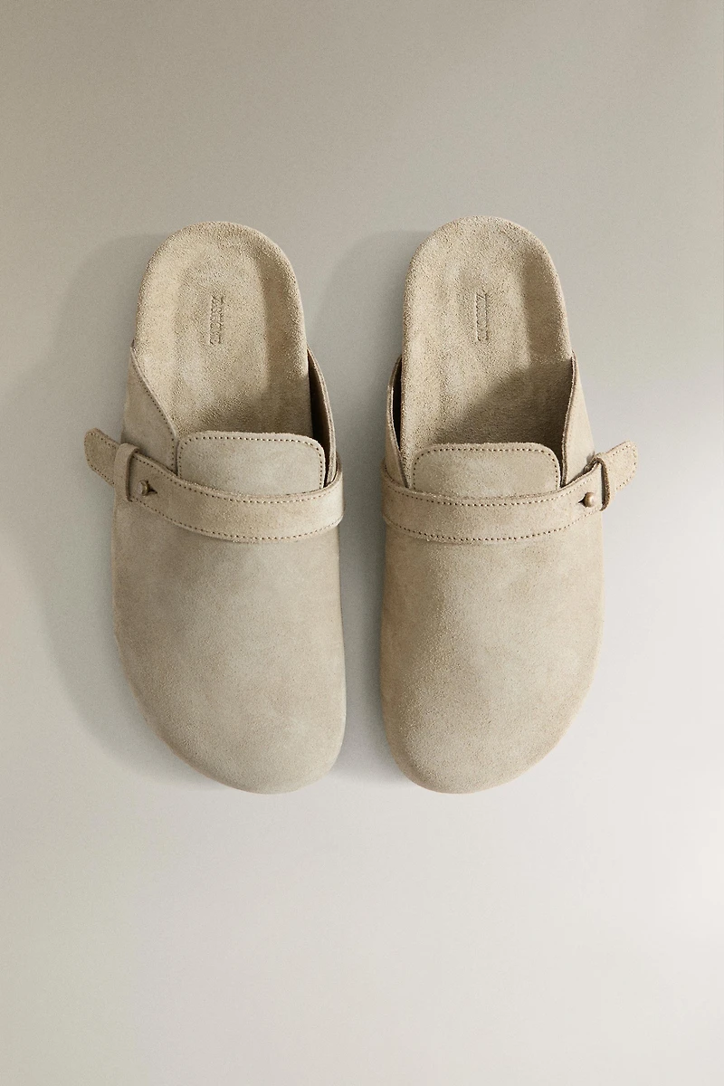 LEATHER MULE CLOG SLIPPERS WITH STRAP DETAIL