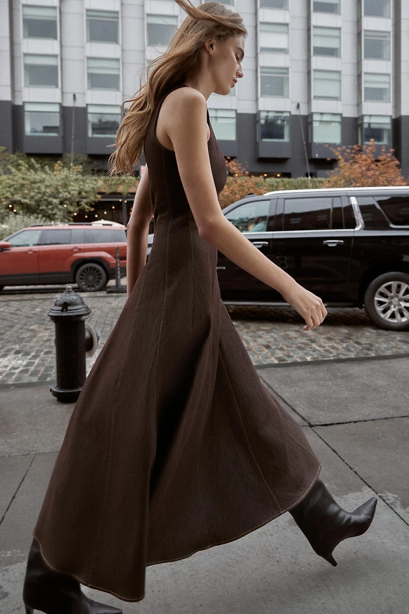 CONTRAST TOPSTITCH MIDI DRESS
